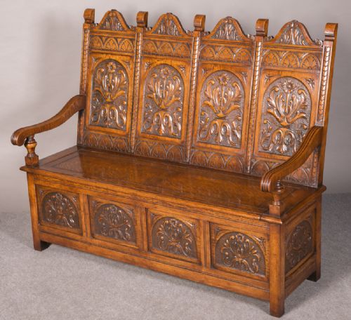 Carved Oak Hall Seat/ Monks Bench