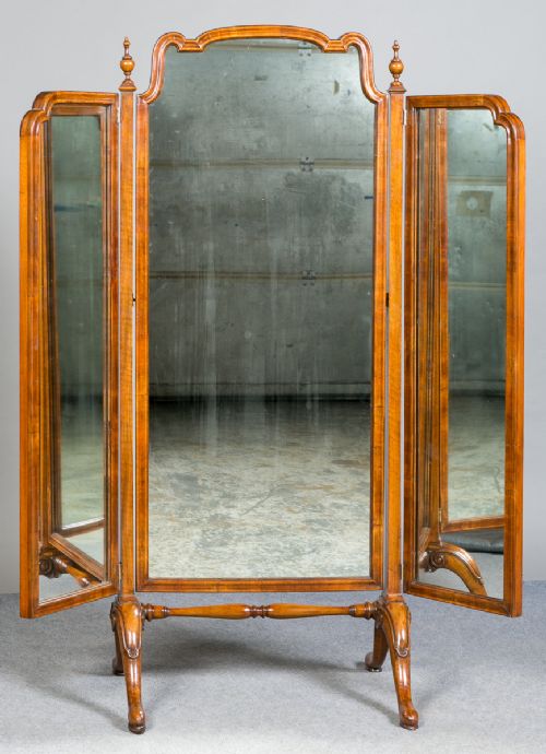 Unusual Walnut Triptych Cheval Mirror