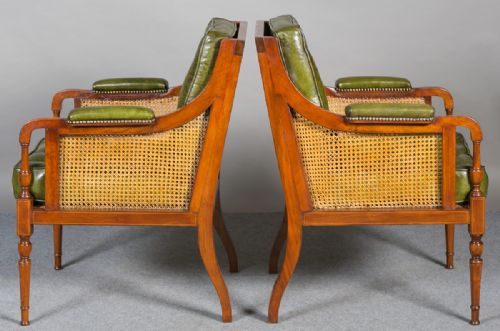 fig 1. Pair of Edwardian Bergere and Leather Armchairs.