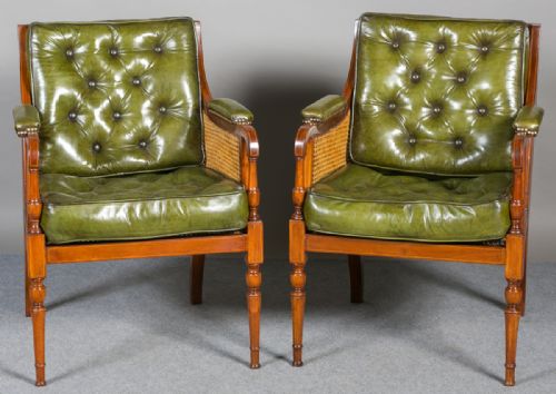 Pair of Edwardian Bergere and Leather Armchairs.
