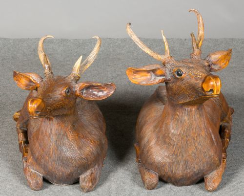 Large Pair of Carved Wood Deer