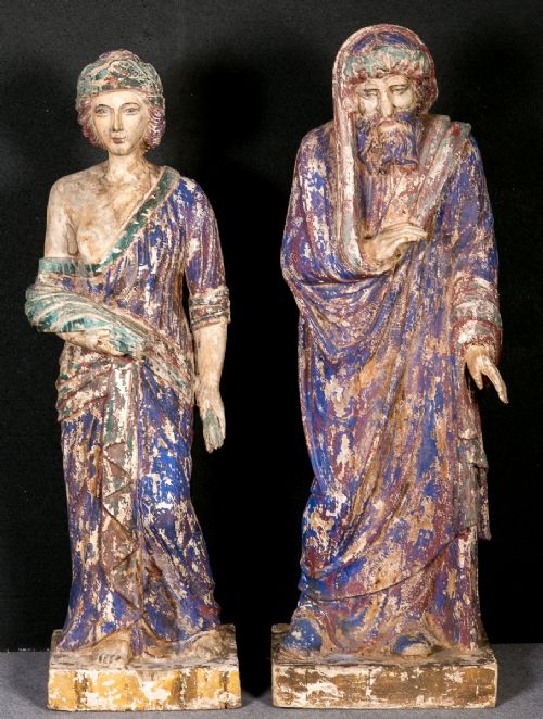 Pair Life Size Carved Wood Statues.