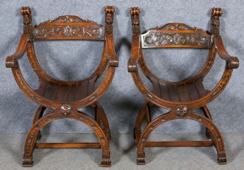 Pair of Savonarola Style Throne Chairs