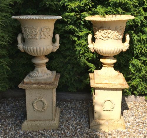 Large Pair Antique Cast Iron Garden Urns