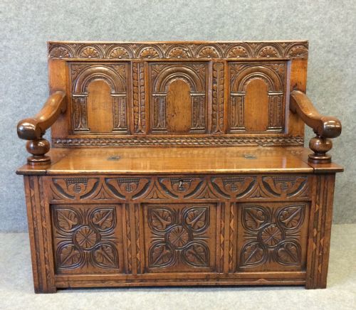 Antique Carved Oak Hall Bench Settle