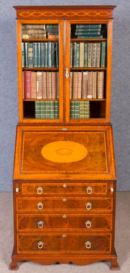 Superior Quality Edwardian Inlaid Bureau Bookcase