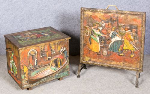 Brass & Painted Log Box & Fire Screen