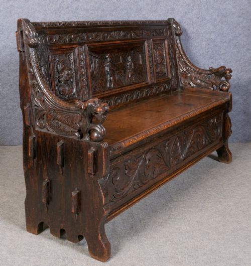 Carved Oak Hall Seat . Monk's Bench