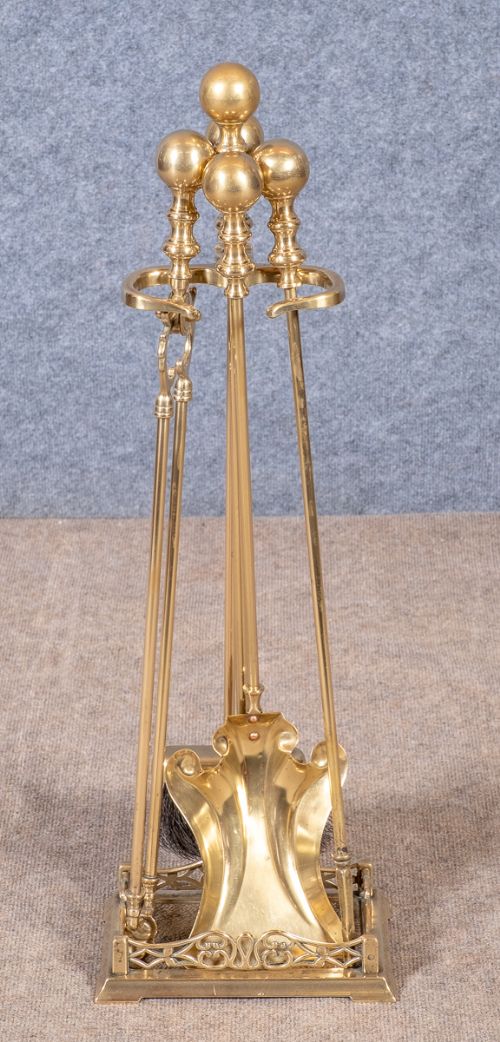 Antique Brass Fire Irons on Stand