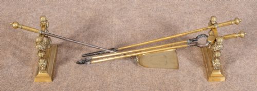 Pair Victorian Fire Dogs and Fire Irons