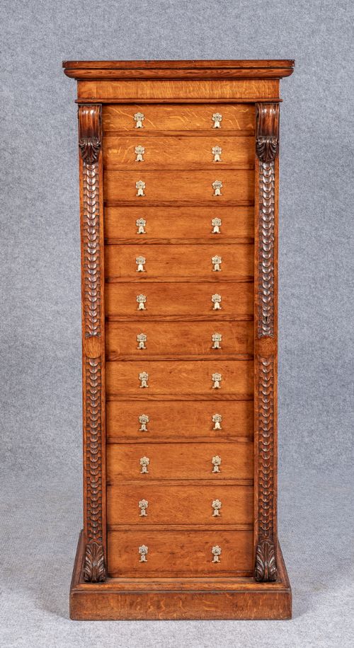 Unusual 12 Drawer  Carved Oak Wellington Chest