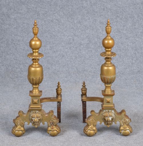 Large Pair of Antique Brass Andiron Fire Dogs