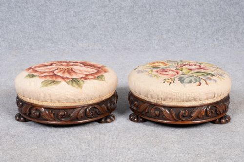 Pair Victorian Carved Oak Stools