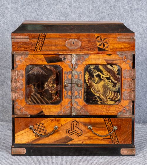 Small Japanese Meiji Period Yosegi Shodana Cabinet