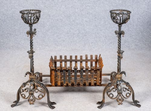 Large Fire Grate with Dragon Andirons