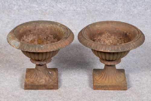 Antique Small Pair of Cast Iron Garden Urns