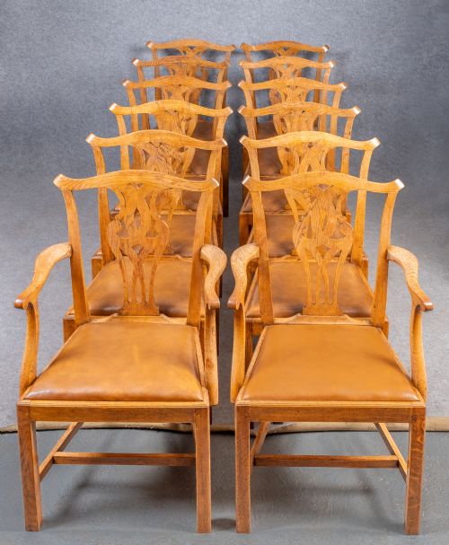Set of 12 Chippendale Style Oak Dining Chairs (10 + 2)