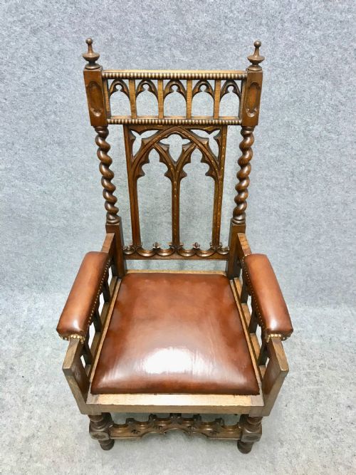 Unusual Gothic Oak and Leather Armchair
