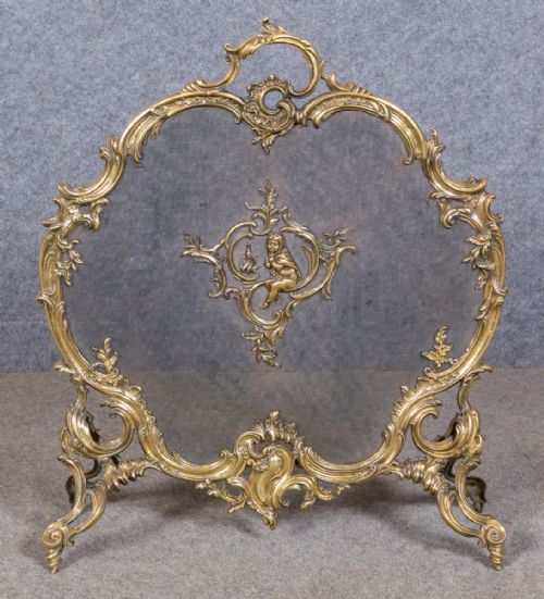 Antique Rococo Brass Fire Screen / Spark Guard