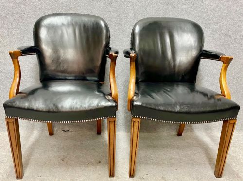 Pair of Mahogany and Leather  Elbow Chairs