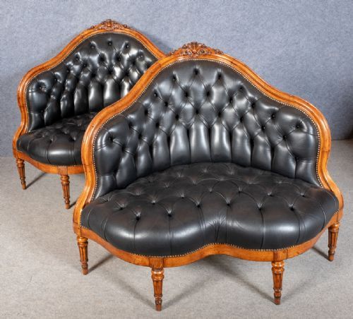 Pair of Victorian Black Leather Settees