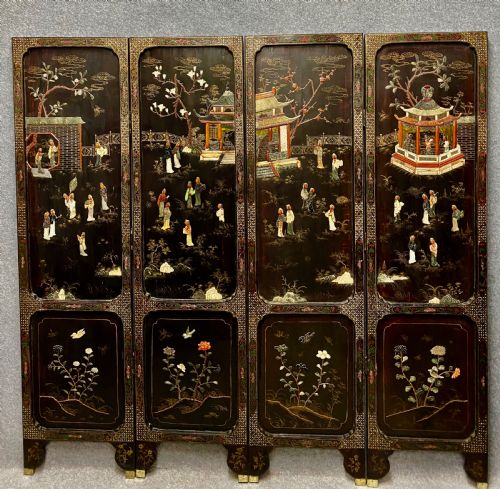 Antique Chinese Hard Stone & Lacquer Screen