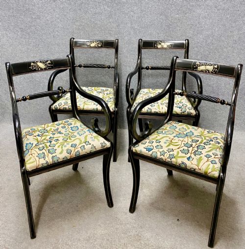 SET OF 4 REGENCY STYLE EBONISED DECORATED ELBOW CHAIRS - ADDITIONAL PHOTO 1