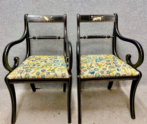 SET OF 4 REGENCY STYLE EBONISED DECORATED ELBOW CHAIRS - ADDITIONAL PHOTO 6