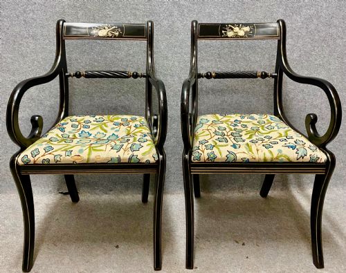 SET OF 4 REGENCY STYLE EBONISED DECORATED ELBOW CHAIRS - ADDITIONAL PHOTO 7