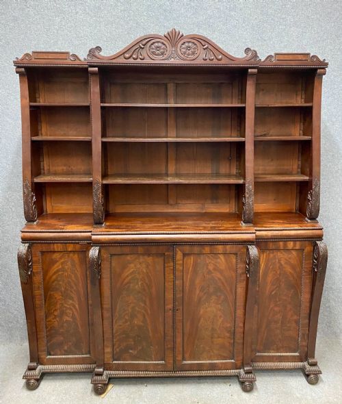 Fine Regency Mahogany Open Breakfront  Bookcase
