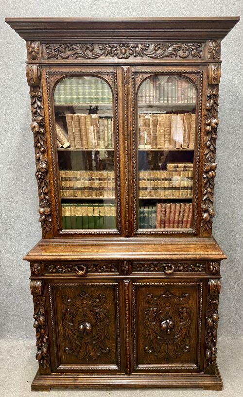 Impressive Antique Carved Oak Bookcase