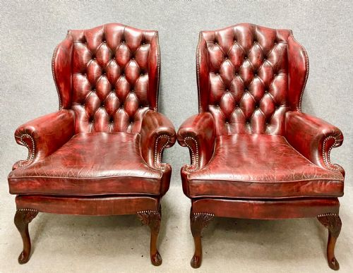 Pair of Leather Wing Armchairs