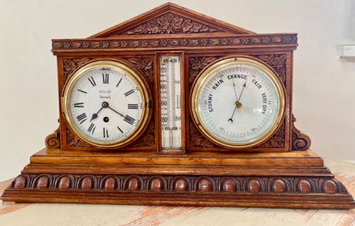Antique Oak Clock, Barometer and Thermometer Weather Station