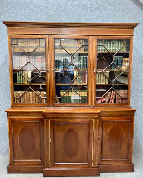 Edwardian Mahogany and Inlaid Breakfront Bookcase