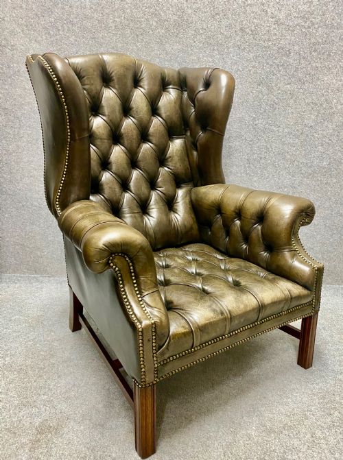 Hand Dyed Green Leather Winged Armchair