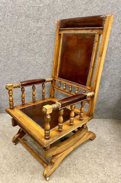 Antique Satin Walnut & Leather Rocking Chair