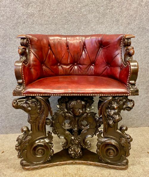 Very Unusual Carved Oak High Back Leather Armchair
