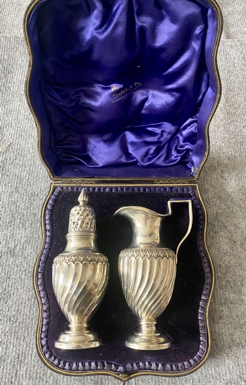 Good Cased Silver Sugar Sifter & Cream Jug
