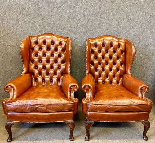 Pair Georgian Style Leather Wing Armchairs
