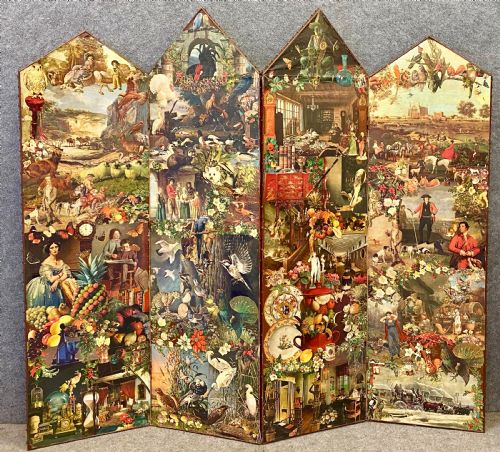 Antique Double Sided Decoupage Screen