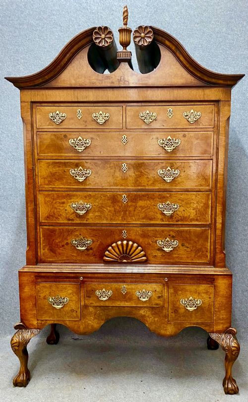 Substantial Bonnet-top Burr Walnut Chest on Stand