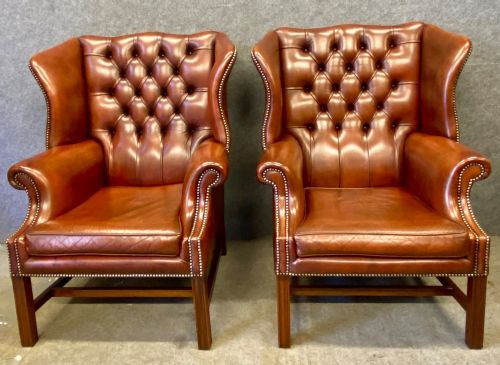 Pair Georgian Style Mahogany & Leather Armchairs