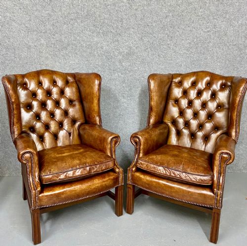 Pair of Georgian Style Leather Wing Armchairs