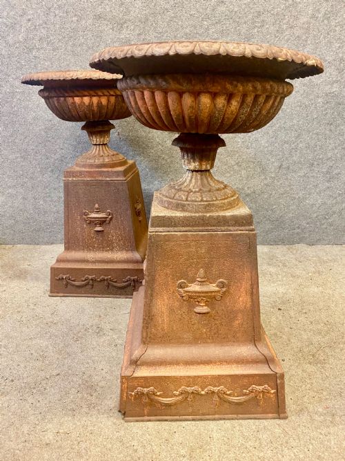 Large Pair of Antique Cast Iron Garden Urns