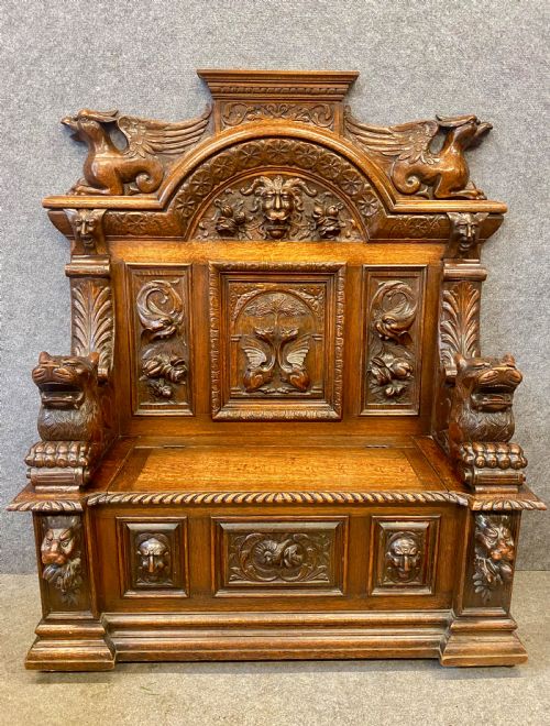 Magnificent Antique Carved Oak Hall Seat