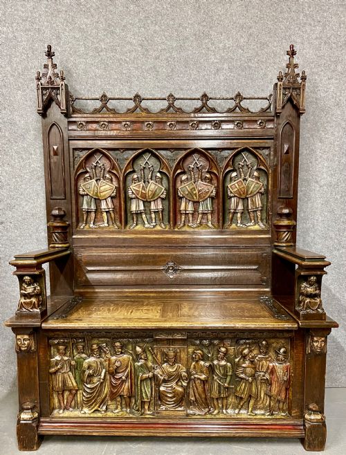 Fabulous Antique Gothic Carved Oak Hall Seat