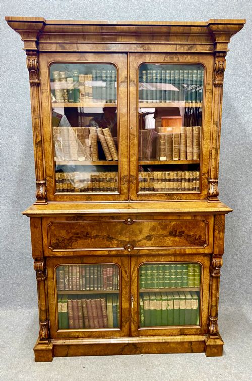 Fine Victorian Burr Walnut Secretaire Bookcase