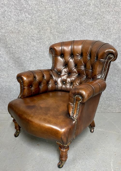 Antique Walnut & Leather Armchair