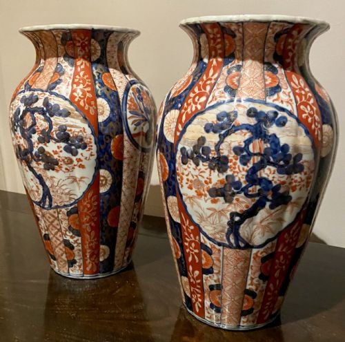 Antique Pair of Ribbed Imari Vases