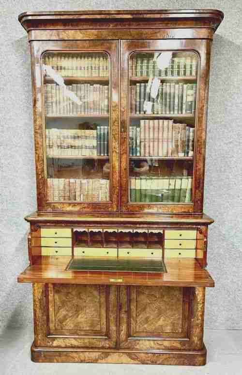 Superb Victorian Burr Walnut Secretaire Bookcase